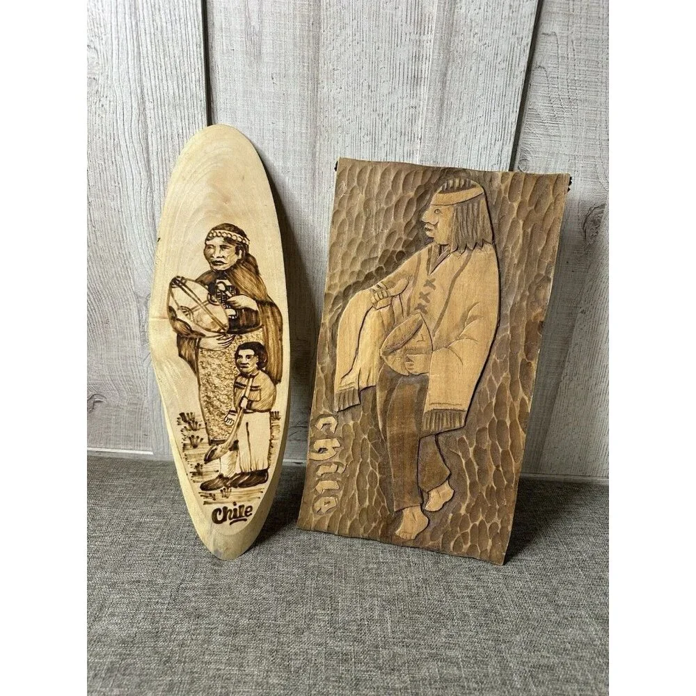 Chile Wood Carved Tribal Handmade Decor Set of 2 Chilean Man Woman Child